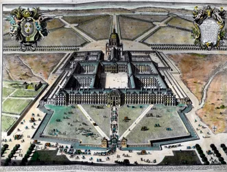 Ulkonäkymä hotelli des Invalidesista Pariisissa 1700-luvulla. Kaiverrus 1700-luvulta. Yksityinen kokoelma.