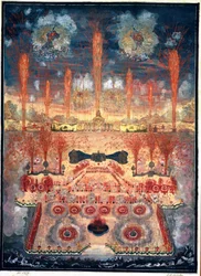 Ilotulitus ja juhlavalaistus 16. kesäkuuta 1744 Moskovassa (Venäjä). 1700-luvun puoliväli. Rokokootaide. Valtiollinen historiallinen museo, Moskova.