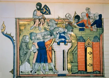 Ensimmäinen ristiretki: Bouillonin Godefroi (tai Godefroy) pyöreässä tornissa hyökkäsi Jerusalemiin vuonna 1099. Miniatyyri teoksesta "" Roman De Godefroy De Bouillon et de Saladin""