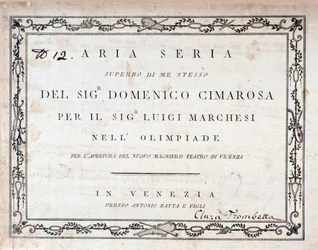Ensimmäinen sivu Domenico Cimarosan Aria Serian partituurista