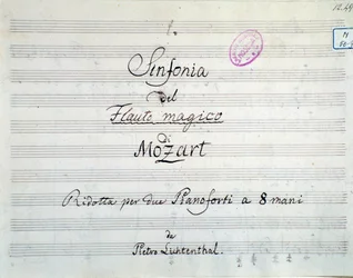 Sinfonian partituurin ensimmäinen sivu on alennettu kahteen pianoon ja kahdeksaan käteen Mozartin oopperan Die Zauberflote, Lichtenthal-versio (1800-luku)