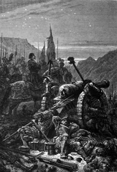 Francois I (1494 - 1547) jäi satulaan Marignanin taistelua edeltävänä yönä syyskuussa 1515. Kaiverrus 1800-luvulta.