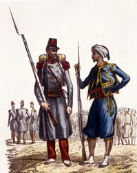 Ranskan armeijan univormu: Vasemmalla muodostui vieraslegioona, joka lähetettiin Algeriaan vuonna 1831. Oikealla alkuperäiskansojen ratsastajat, koulutettuja ja lähetetty Algeriaan vuonna 1841. L