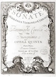 Arcangelo Corellin (1653 - 1713) 12 sonaatin etukuva viululle, bassolle ja cembalolle. Ranskalainen versio.