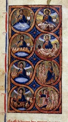 Genesis: esitys maailman luomisen eri vaiheista (kosmogonia). Miniatyyri käsikirjoituksesta ”Universal History”” 1200-luku. Dijonin kaupunginkirjasto