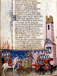 Sankarirunoelma: taistelukohtaus linnoitetun kaupungin lähellä. Kaarle Suuren (742-814) joukot taistelivat Espanjan maureja vastaan. Miniatyyri ranskalais-italialaisesta käsikirjoituksesta ”Entrée d