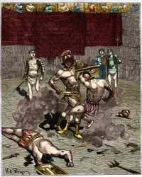 Gladiaattorin taistelu. 1800-luvun kaiverrus.