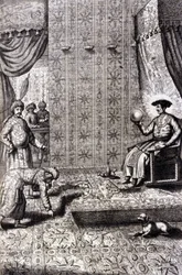 Grand Moghol (Mogol tai Moghul) (todennäköisesti Aurangzeb (1618-1707), joka tunnetaan myös nimellä Alamgir): Throne Hall. Athanasius Kircherin (1601 - 1680), jesuiitta, orientalisti ja saksalainen tutkija, "De China Monumenta", Amsterdam 1667.