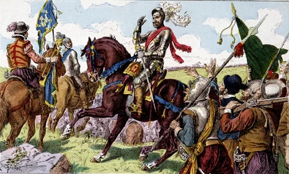Henrik IV (1553 - 1610) Ivryn taistelussa (= Ivry, Normandian taistelu) vuonna 1590. Lasten kuvastoa 1800-luvulta.