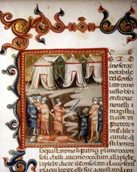 Historiae romanae vuosikymmeniä (= 10 kirjan ryhmät) (Ranskassa Rooman historiassa sen perustamisesta vuoteen 292 eKr.) Titus Live (Titus Live) tai Titus Livius latinaksi (-59 - 17). Pienoismalli, joka edustaa roomalaista valloitusta. sd. 1300-luvulla.