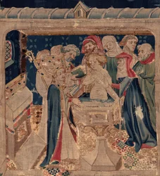 Saint Piatin ja Saint Eleuthèren historia, kohtaus 13: Blandan kaste (Kuinka hyvät pyhät kastoivat tytärtribuunin, joka keräsi varoja erittäin suurella mysteerillä: Blande, joka oli hyvän pyhimyksen äiti). Yksityiskohta.