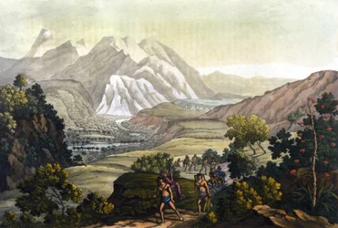 Humboldt ja Bonpland ylittävät Quindiu-vuoren kantotuoleilla. Alexander Von Humboldtin matkalta Andeille (Alexandre de Humboldt