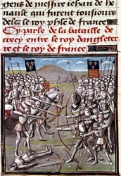 Satavuotinen sota: Crecyn taistelu 26.8.1346 ranskalaisten ja englantilaisten välillä. Miniatyyri Jean Froissartin (1337-1400) kronikoista