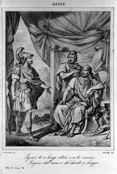 Kuvitus italialaisen runoilijan ja näytelmäkirjailija Ugo Foscolon (1778-1827) "" Ajaxin" (Aiace) II näytöksen 9 kohtaukseen 1800-luku