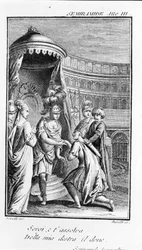 Kuvitus Sémiramisista, Antonio Salierin (1750 - 1825) ooppera. Pierre Metastasen (tai Pietro Metastasion) kirjanen. Kolmas näytös, viimeinen kohtaus.