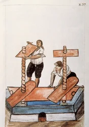 Intiaanit puristavat (silitys) liinavaatteita, kirjasta "Trujillo of Peru" tai "Codex Martinez Companion", kirjoittaneet Baltazar Martinez Companion ja Bujanda, Trujillon piispa (1782-1785)