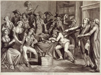 Vallankumouskomitean sisätilat. Kaiverrus 1700-luvulta. Pariisi, Musee Carnavalet