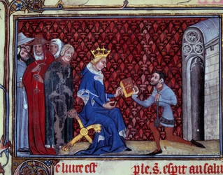 Jacques Bauchant esittelee kirjansa kuningas Kaarle V:lle (1338-1380) Pienoiskuva, joka on otettu Jacques Bauchantin Saint Quentinistä (? -1396), Pariisista, teoksesta "Jumalan tiet ja Pyhän Elisabeth von Schonaun (1128-1164) visiot" B.N.