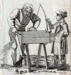 Puuseppä ja oppipoika. Kaiverrus 1700-luvun lopulla. Yksityinen kokoelma.