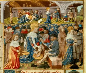 Kuningas Ludvig IX (1214-1270) (Saint Louis) pesee köyhien jalkoja ja kristillisen hyväntekeväisyyden kohtauksia King Miniaturesta käsikirjoituksesta ”Monsignor Saint Louisin tosiasioiden kirja”” 1400-luku. Paris, B.N