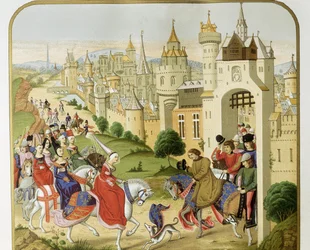 "" Ranskan kuningas Kaarle IV vastaanotti sisarensa Englannin kuningatar Isabellan Ranskan (1292-1358), Edward II:n vaimon vierailun, joka tuli turvaan "" Jean Froissartin kronikkojen mukaan. 1800-luvun Barcelona. Sant Jordi Katalonian kuninkaallinen