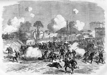 Pariisin kunta vuonna 1871. Liittovaltioiden (communards) puolustama Porte Maillot.