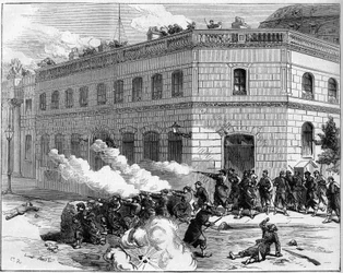 La Commune de Paris vuonna 1871. Federes (Communards) puolusti Elysee-palatsia.