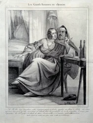Les grands hommes en chemise Esitys kirjailija Honore de Balzacista (1799-1850), joka kiilaa nuorta naista polttaen tupakkaa. Kuva E. Alletista (1800-luku) Paris, Maison Balzac