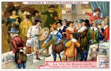 Liebig-kromolitografia hollantilaisen taidemaalarin Rembrandtin (1606 - 1669) elämästä. Tässä yökierros vuonna 1642.