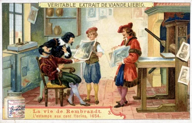 Liebig-kromolitografia hollantilaisen taidemaalarin Rembrandtin (1606 - 1669) elämästä. Tämä on 100 guldenin painos vuodelta 1654.