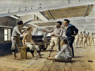 Elämä ranskalaisella sota-aluksella: parturi ajaa merimiehet ajelemaan, n. 1800