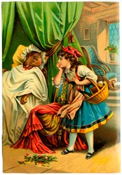 Punahilkka löytää suden isoäitinsä sängystä (kromolitografia 1800-luvun lopulla)