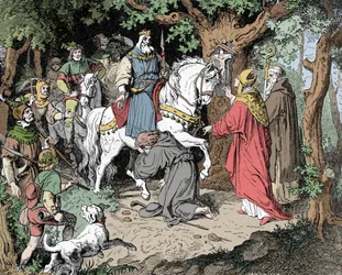 Liudolf (Liudolf, Swabian herttua) (930-957) rukoilee anteeksiantoa isälleen Otton I:lle Pyhästä Imperiumista (Otto I, Pyhän Rooman keisari)