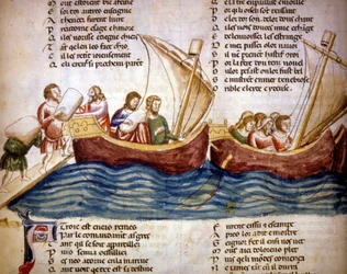 Rahdin lastaaminen laivaan, 1200-luvun loppu - Miniatyyri Benoît de Sainte-Mauren teoksesta ”Roman de Troie”, 1300-luku - Biblioteca Marciana, Venetsia