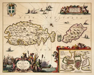 Maltan ja Gozon kartta, noin 1650 (värillinen kaiverrus).