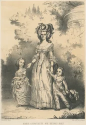 Marie-Antoinette kävelee lastensa kanssa (litho)