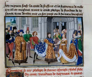 Philippe Augusten (1165-1223) ja Isabelle de Hainaultin (28. huhtikuuta 1181) avioliitto. Pienoiskuva Loyset Liedetin "" Keisarien kronikat" -kirjassa (1420-1479)