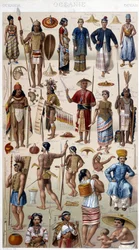 Miehet ja naiset edustavat Oseanian eri kansoja. 1800-luvun kaiverrus.