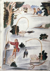 Menetelmä lintujen pyytämiseen lassossa, Trujillon piispan (1782-1785) Baltazar Martinez Compañón y Bujandan kirjasta "Trujillo del Peru" tai "Códice Martínez Compañón"