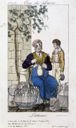 Maitoa kaataa maitoa pulloon nuorelle miehelle - "" Cris de Parisissa", deb. 1800-luvulla