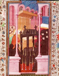 Miniatyyri hautajaiskohtaus elokuvasta "" Portugalilaisen Edward I:n (Duarten) tunnit (1391-1438)" 1400-luvun Lissabon, Torre do Tombo