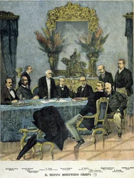 Uuden "Crispi"-hallituksen ministerit: vasemmalta oikealle amiraali Morin, kenraali Mocenni, Francesco Crispi, senaattori Calenda, P. Boselli, Sidney Sonnino, Maggiorino Ferraris, G. Faccelli ja senaattori A. Blanc