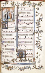 Missal of Saint Denis, noin 1350. Miniatyyri, joka kuvaa Clotairea (Clothaire) ja Dagobertia.