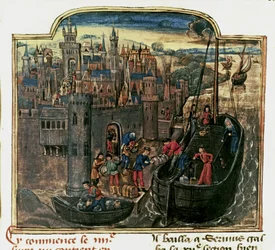 NAVIGAATIO: Kauppalaivan lastaus, 1400-luvun loppupuoli (pienoiskuva).
