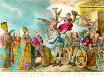 Napoleon Bonaparte (1769-1821) esittelee rauhan oliivipuun kaikille Euroopan maille. Kaiverrus 1801 Yksityinen kokoelma