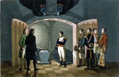 Napoleon Bonaparte Frederick II:n Preussin haudan edessä.