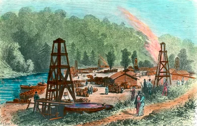 Öljylähteet Tarr Farmilla Pennsylvaniassa, Yhdysvalloissa. Kaiverrus 1800-luvulta. Yksityinen kokoelma
