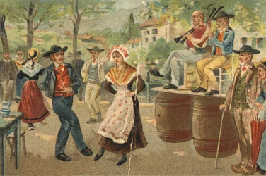 Auvergnen alueella vietetty vanha tapa: poiju Pyhän Johanneksen juhlan aikana. 1800-luvun lopun kromolitografia.