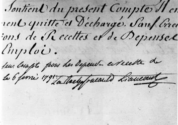 Ainin departementin keskushallinnon määräys, Duke de la Rochefoucauld Liancourtin allekirjoitus - Rochefoucauldin perheen arkisto.