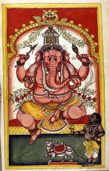 Sivu, joka kuvaa hindujumalaisuutta Ganeshaa (Ganesh tai Ganapati), kauppiaiden, matkailijoiden ja varkaiden suojelijaa. Sivu otettu käsikirjoituksesta (ms.8300) "" History of Mogol"" (Moghul tai Moghol), kirjoittanut Stefano Nivibus Cardeira. 1700-luvulla